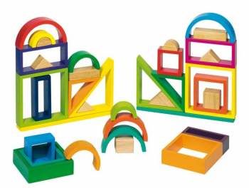 Drewniane klocki  dla dzieci -  tęcza,  38 elementów, zabawki montessori goki - drewniane klocki do układania, zabawka dla 3 latka