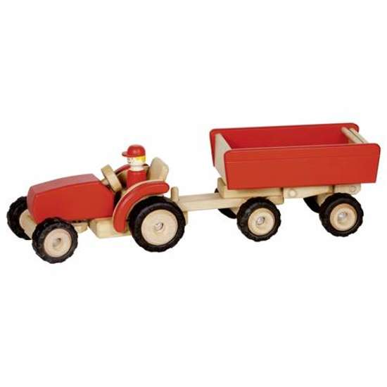Drewniany traktor z przyczepą do zabawy dla dzieci - czerwony
