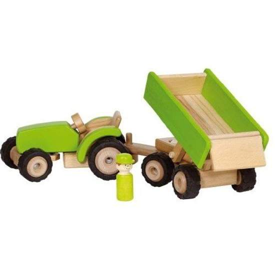 Zabawka dla chłopca Drewniany traktor z przyczepą do zabawy dla dzieci, goki - drewniana zabawka, zabawa autami, zabawka dla 3 latka, kolor zielony