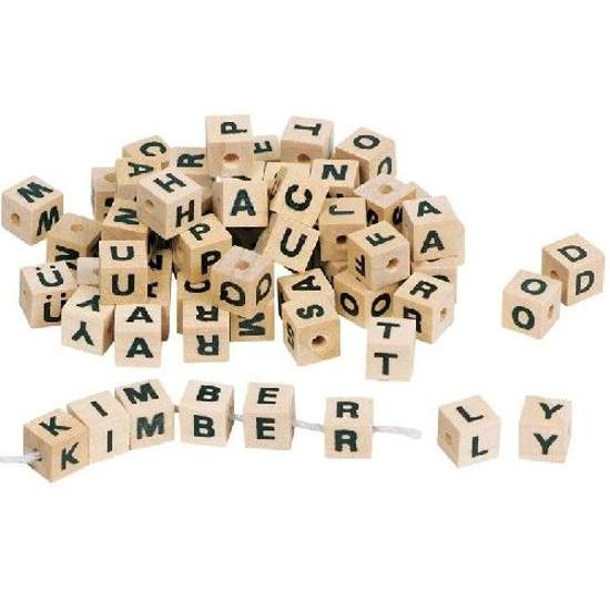 Zestaw drewnianych kostek, literek do nawlekania, alfabet goki - drewniana zabawka edukacyjna, zabawka dla 4 latka