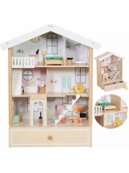 Classic World Duży Drewniany Domek dla Lalek 2 Figurki NATURALNE DREWNO 28 el.