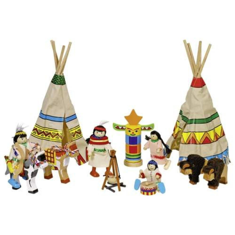 Indiańska wioska z wigwamami (14 elementów), kukiełki goki - zabawki kukiełki, zabawa lalkami, zabawka dla 3 latka 
