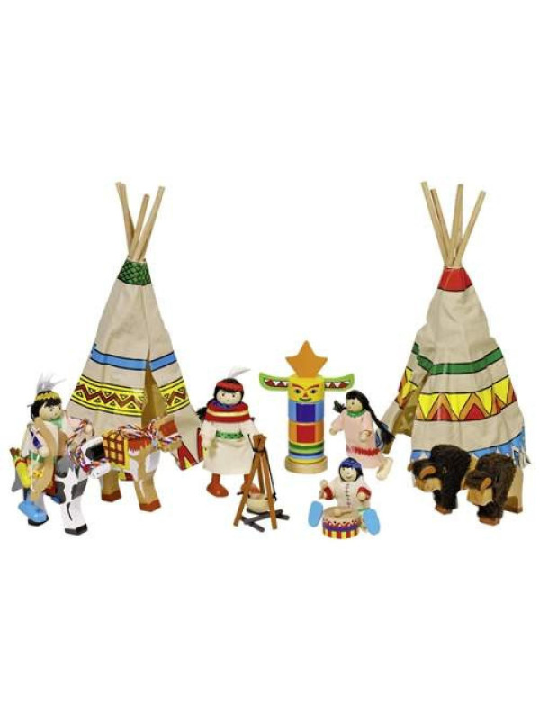 Indiańska wioska z wigwamami (14 elementów), kukiełki goki - zabawki kukiełki, zabawa lalkami, zabawka dla 3 latka 
