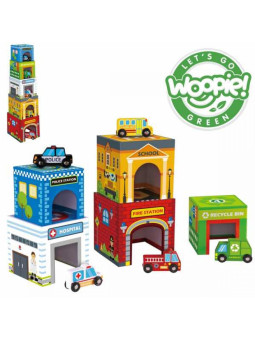 WOOPIE GREEN Układanka Kostki Miasto Pojazdy w Pudełkach + Figurki 10 el.