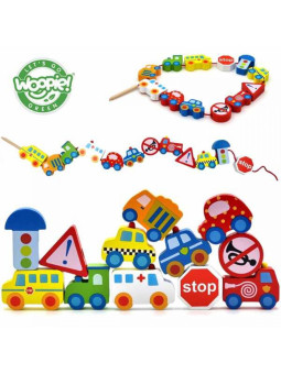 WOOPIE GREEN Drewniane Klocki do Nawlekania Pojazdy Samochody 13 el.