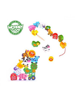 WOOPIE GREEN Drewniane Klocki do Nawlekania Zwierzęta Farma 13 el.