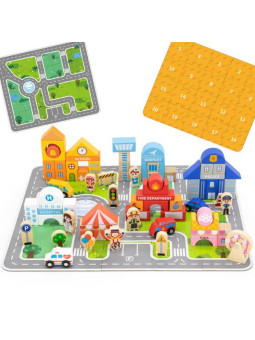 VIGA Zestaw Drewniany Budowanie Miasta Klocki Plansza Figurki