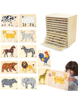 VIGA Zestaw Puzzle Drewniane 12 Układanek Zwierzątka Montessori + Stojak