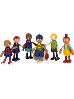 Rodzina figurek z drewna z wózkiem inwalidzkim