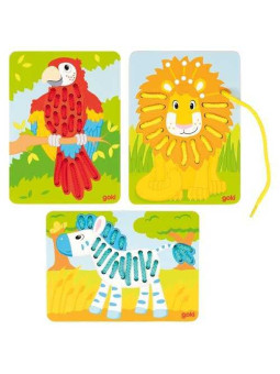 Threading game, parrot, lion, zebra