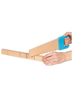 Wooden building blocks with Velcro connectors and saw.