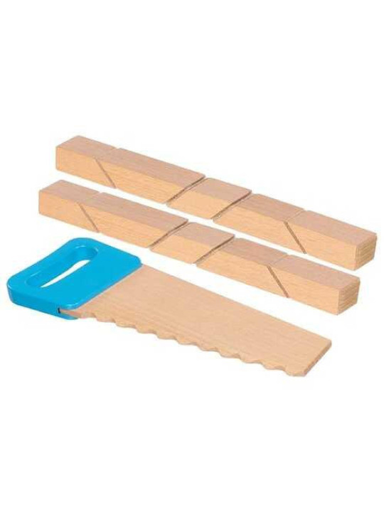 Wooden building blocks with Velcro connectors and saw.