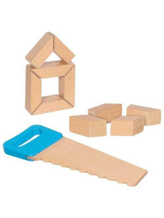 Wooden building blocks with Velcro connectors and saw.