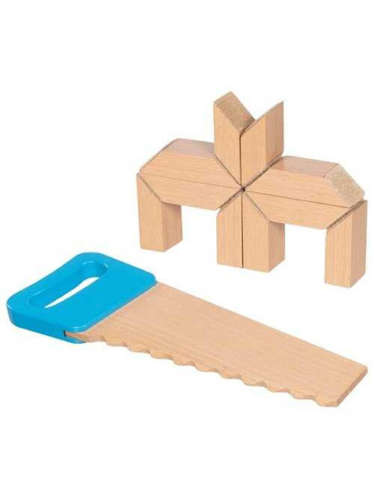 Wooden building blocks with Velcro connectors and saw.
