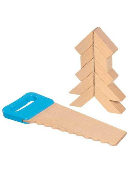 Wooden building blocks with Velcro connectors and saw.