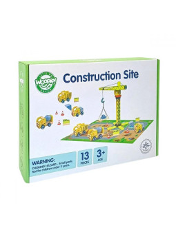 WOOPIE GREEN Drewniany Plac Budowy 5w1 Ruchomy Dźwig XXL Pojazdy Budowlane 13 el.