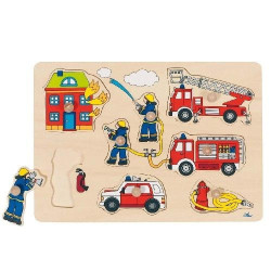 Zabawki drewniane  Układanka dla dzieci, strażacy goki - drewniane puzzle do układania, zabawka dla 2 latka