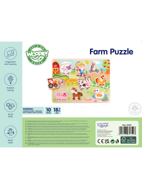 WOOPIE GREEN Drewniane Puzzle Montessori Farma z Pinezkami Do Dopasowania