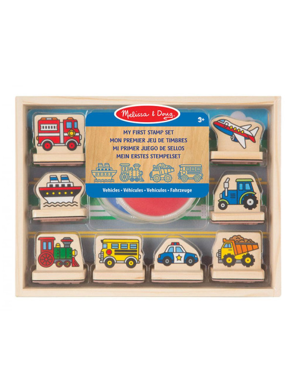 Mój pierwszy drewniany zestaw pieczątek Pojazdy 8 stempli Melissa and Doug
