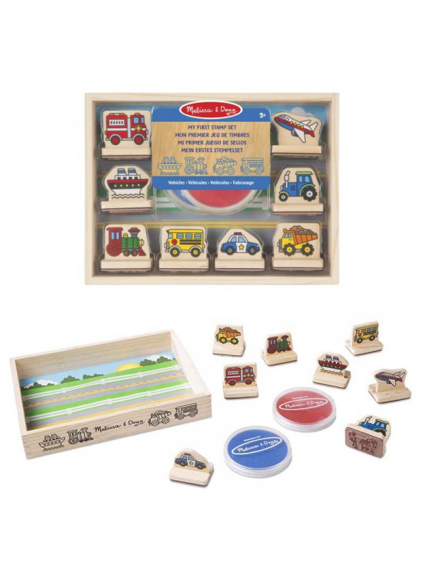 Mój pierwszy drewniany zestaw pieczątek Pojazdy 8 stempli Melissa and Doug