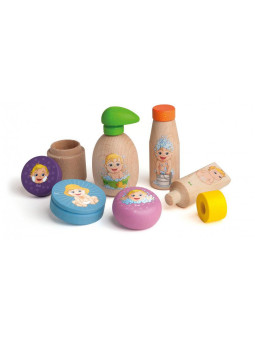 Zestaw drewnianych kosmetyków dla lalek do pielęgnacji 9 elementów Erzi