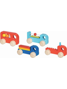 Komplet 4 drewnianych autek dla dzieci z instrumentami muzycznymi Goki