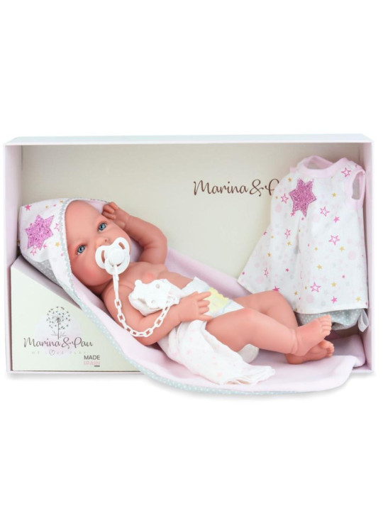 Lalka Ane Baby z akcesoriami Marina & Pau 1606 - Dziewczynka, 45 cm, Brzuszek: Winylowy, Kolor oczu: Niebieski