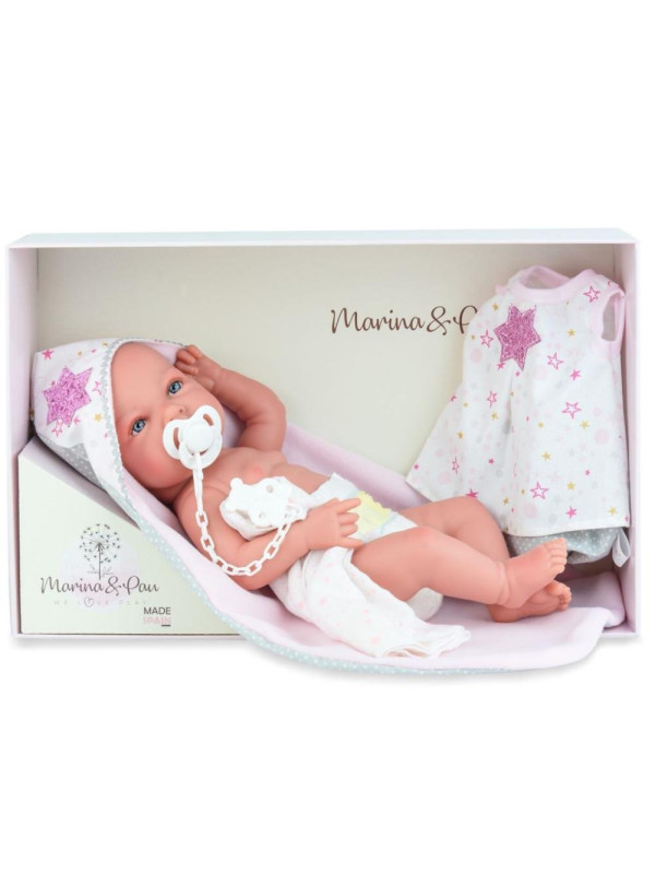 Lalka Ane Baby z akcesoriami Marina & Pau 1606 - Dziewczynka, 45 cm, Brzuszek: Winylowy, Kolor oczu: Niebieski