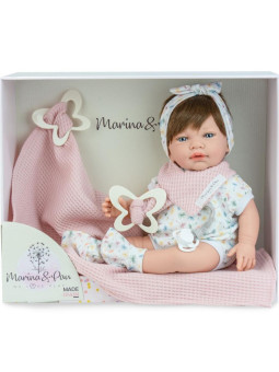 Lalka Sweet Baby Farfalla z kocykiem Marina & pau 728 - Dziewczynka, 42 cm, Brzuszek: Miękki, Kolor oczu: Niebieski, Kolor wło