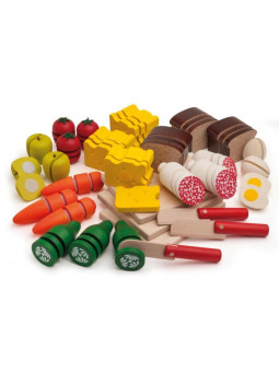 Drewniany Zestaw akcesoriów spożywczych na rzep do krojenia i zabawy 27 elementów Erzi