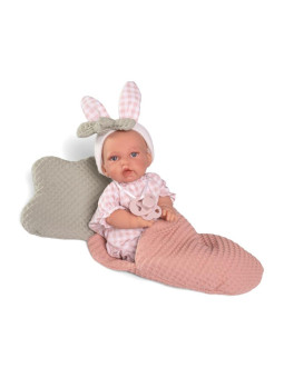 Lalka Petit króliczek ze śpiworkiem Antonio Juan 12442 - Dziewczynka, 27 cm, Brzuszek: Miękki, Kolor oczu: Niebieski