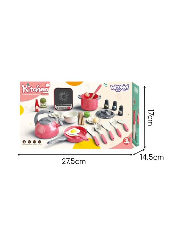 WOOPIE Zestaw Małego Kucharza Indukcja Garnki Patelnia Czajnik Różowy 30el.