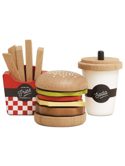 Drewniany zestaw 3w1 hamburger frytki napój, zabawka dla dzieci, Le Toy Van