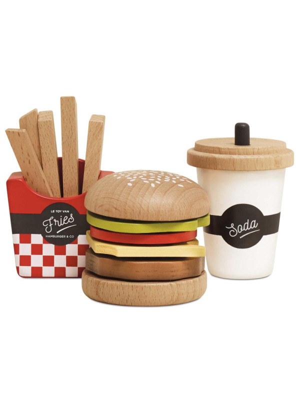 Drewniany zestaw 3w1 hamburger frytki napój, zabawka dla dzieci, Le Toy Van