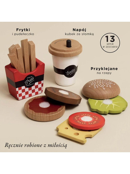 Drewniany zestaw 3w1 hamburger frytki napój, zabawka dla dzieci, Le Toy Van
