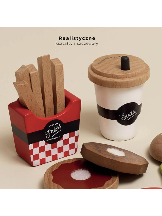 Drewniany zestaw 3w1 hamburger frytki napój, zabawka dla dzieci, Le Toy Van
