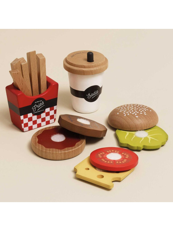 Drewniany zestaw 3w1 hamburger frytki napój, zabawka dla dzieci, Le Toy Van