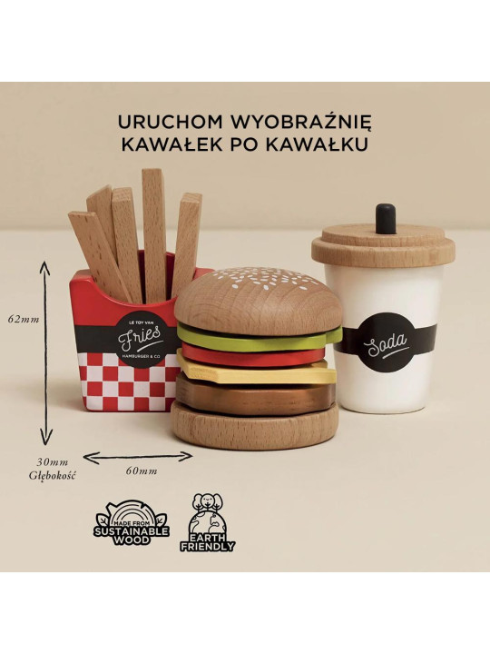 Drewniany zestaw 3w1 hamburger frytki napój, zabawka dla dzieci, Le Toy Van