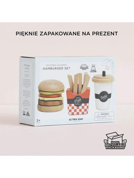 Drewniany zestaw 3w1 hamburger frytki napój, zabawka dla dzieci, Le Toy Van