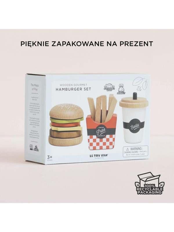 Drewniany zestaw 3w1 hamburger frytki napój, zabawka dla dzieci, Le Toy Van