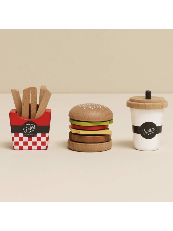 Drewniany zestaw 3w1 hamburger frytki napój, zabawka dla dzieci, Le Toy Van