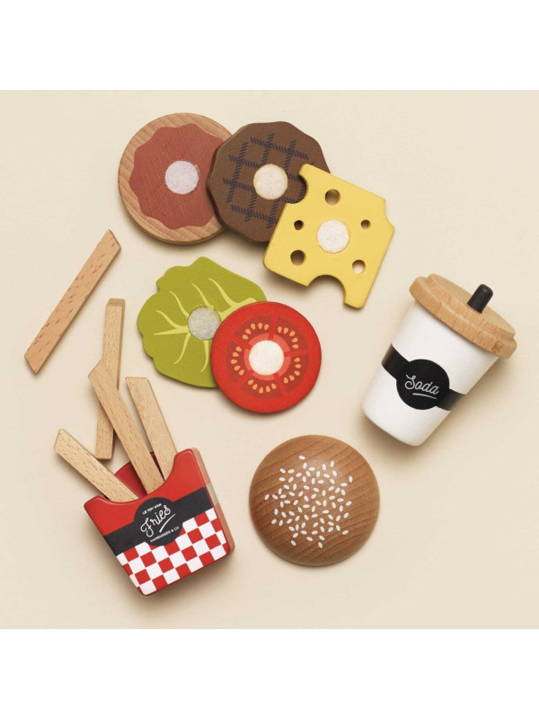 Drewniany zestaw 3w1 hamburger frytki napój, zabawka dla dzieci, Le Toy Van