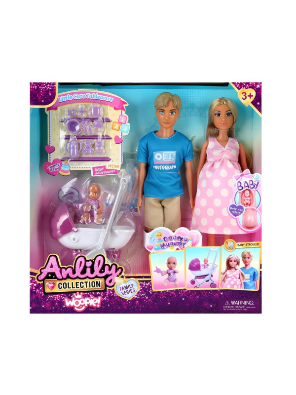 WOOPIE ROYAL Zestaw Lalek Rodzina Lily w Ciąży Tata Niemowlak Wózek Akcesoria