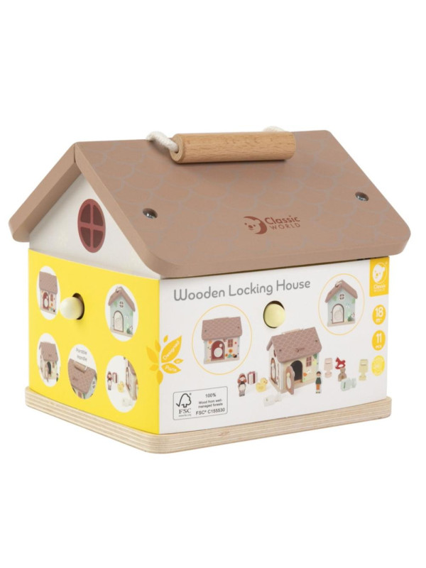 CLASSIC WORLD Drewniany Domek Sensoryczny Edukacyjny z Zamkami Kluczykami 11el.