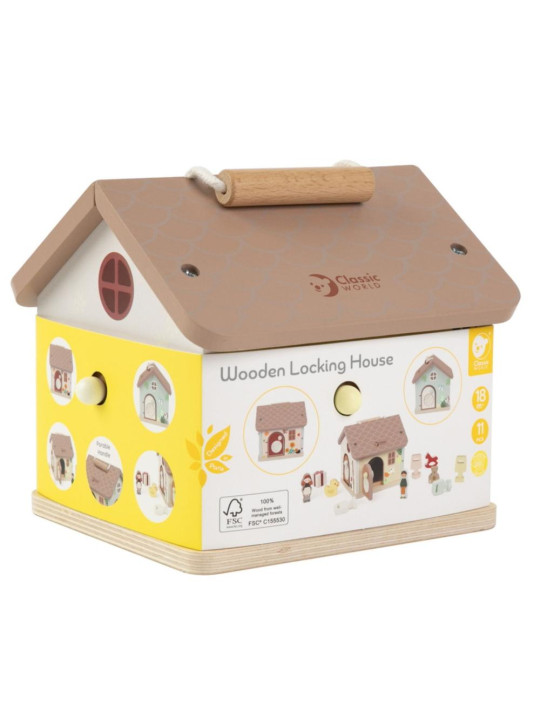CLASSIC WORLD Drewniany Domek Sensoryczny Edukacyjny z Zamkami Kluczykami 11el.