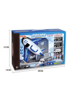 WOOPIE Samolot Rozkładany Transporter Policja z 3 Autami Policyjnymi Zestaw XL Znaki Drogowe