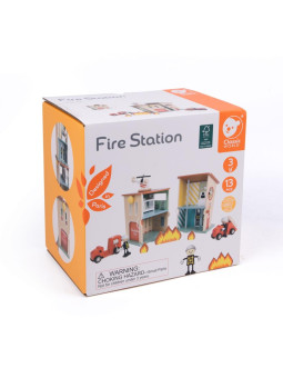 CLASSIC WORLD Remiza Strażacka Drewniana Garaż Auto Helikopter Figurki 13el.