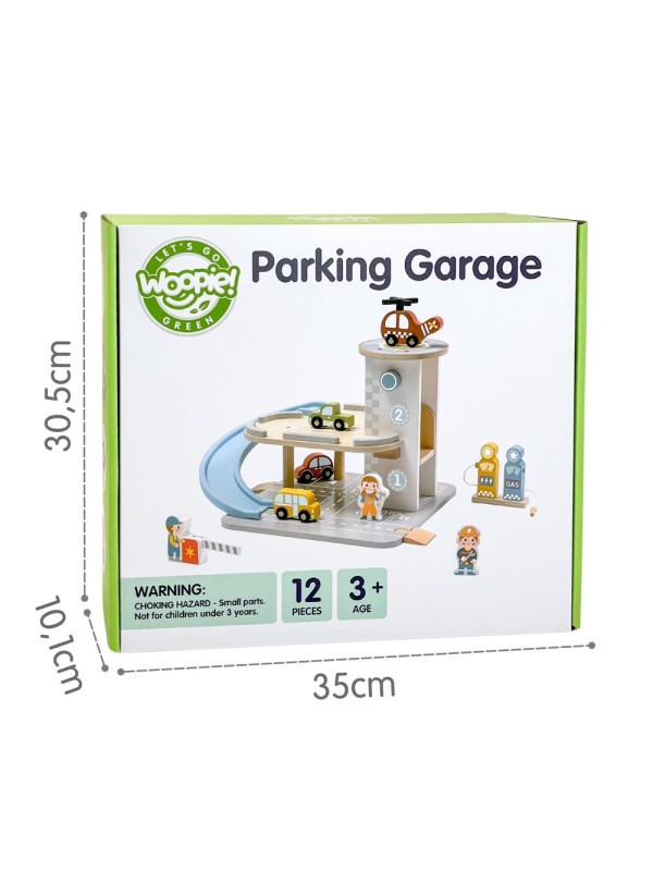 WOOPIE GREEN Drewniany Parking Piętrowy 2w1 Stacja Benzynowa z Autkami i Figurkami 12 el. FSC