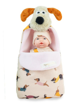 Lalka Mini_Golosinas Puppy w śpiworku Marina & Pau 224 - Dziewczynka, 21 cm, Brzuszek: Winylowy, Kolor oczu: Niebieski