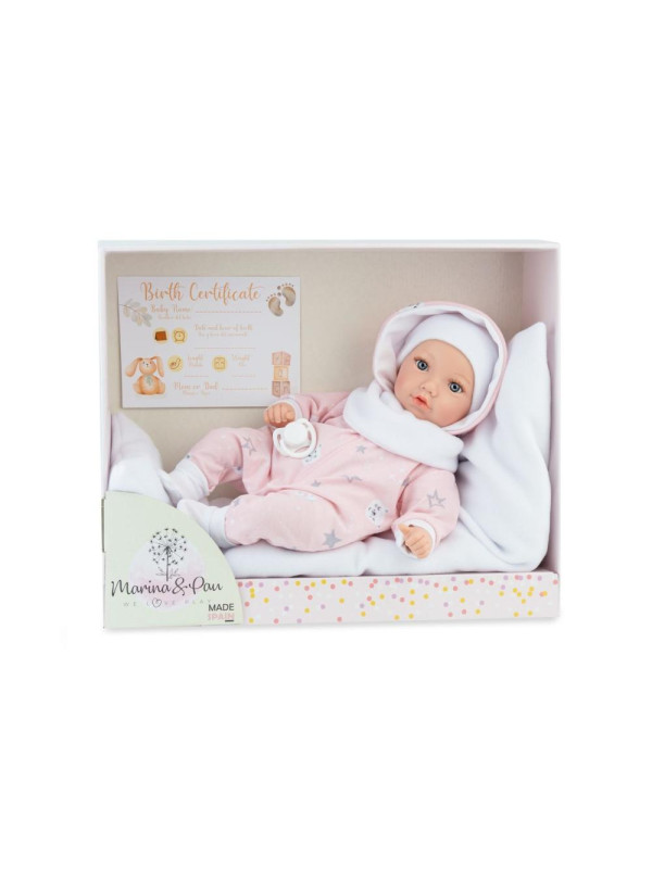 Lalka Noa Reborn z pościelą Marina & Pau 3170 - 40 cm, Brzuszek: Miękki, Kolor oczu: Niebieski